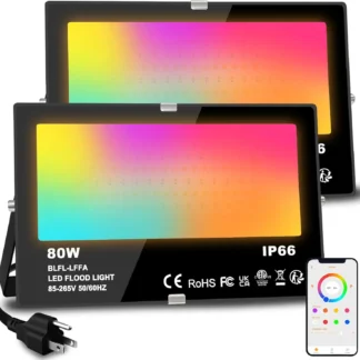 Luz de inundación LED RGB inteligente 800W equivalente 8000LM con control de aplicaciones, resistente al agua IP66, función de sincronización (paquete de 2)