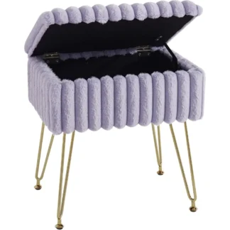 Taburete otomano de almacenamiento de piel sintética con patas doradas, reposapiés de maquillaje de tocador morado para sala de estar y dormitorio