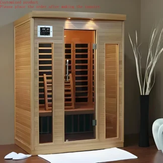 Personalización. Sauna de infrarrojos lejanos de madera de abeto para dos personas en interiores para baño con vapor