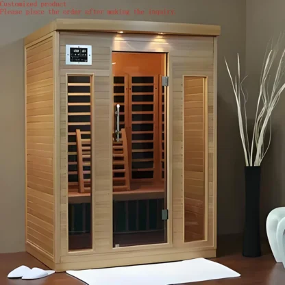 Personalización. Sauna de infrarrojos lejanos de madera de abeto para dos personas en interiores para baño con vapor