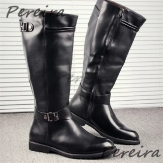 Botas hasta la rodilla Retro de otoño e invierno para hombre, botas de caballero con cremallera y hebilla de cinturón de cuero de estilo británico, zapatos para exteriores de talla grande