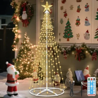 Luces LED solares para árbol de Navidad de 5 pies con control remoto, 8 modos, carga USB, temporizador e impermeable para decoración al aire libre