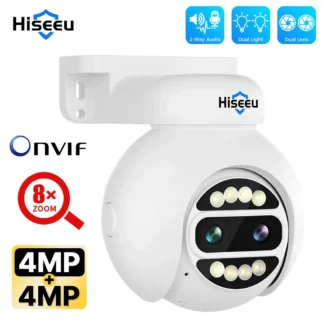 Hiseeu cámara IP POE 8X Zoom 4MPx2 lente Dual PTZ CCTV sistema de cámaras de videovigilancia de seguridad XMeye cámaras de Audio bidireccionales