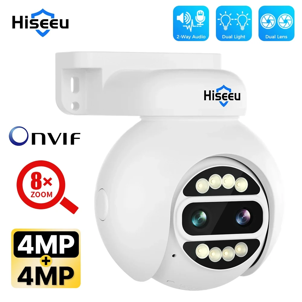 Hiseeu cámara IP POE 8X Zoom 4MPx2 lente Dual PTZ CCTV sistema de cámaras de videovigilancia de seguridad XMeye cámaras de Audio bidireccionales