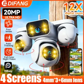 DIFANG cuatro pantallas 20MP WiFi cámara 12X Zoom cámara de seguridad al aire libre cuatro lentes HD PTZ vigilancia cámara CCTV inalámbrica cÃmaras devideovigilancia camara 360 vigilancia