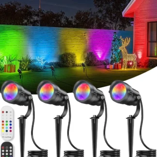 Foco LED para exteriores RGBWW de 12W con control remoto, temporizador, regulable, resistente al agua para decoración navideña de jardín, paquete de 4