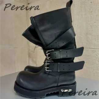 Botas de moto con hebilla de cinturón Retro para hombres y mujeres, botas de caballero de pierna ancha con suela gruesa y punta redonda grande, zapatos de pareja de cuero negro Punk