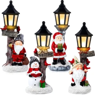 4 centros de mesa de pueblo navideños con iluminación LED y muñeco de nieve de Papá Noel, funciona con pilas para decoración de mesa del hogar