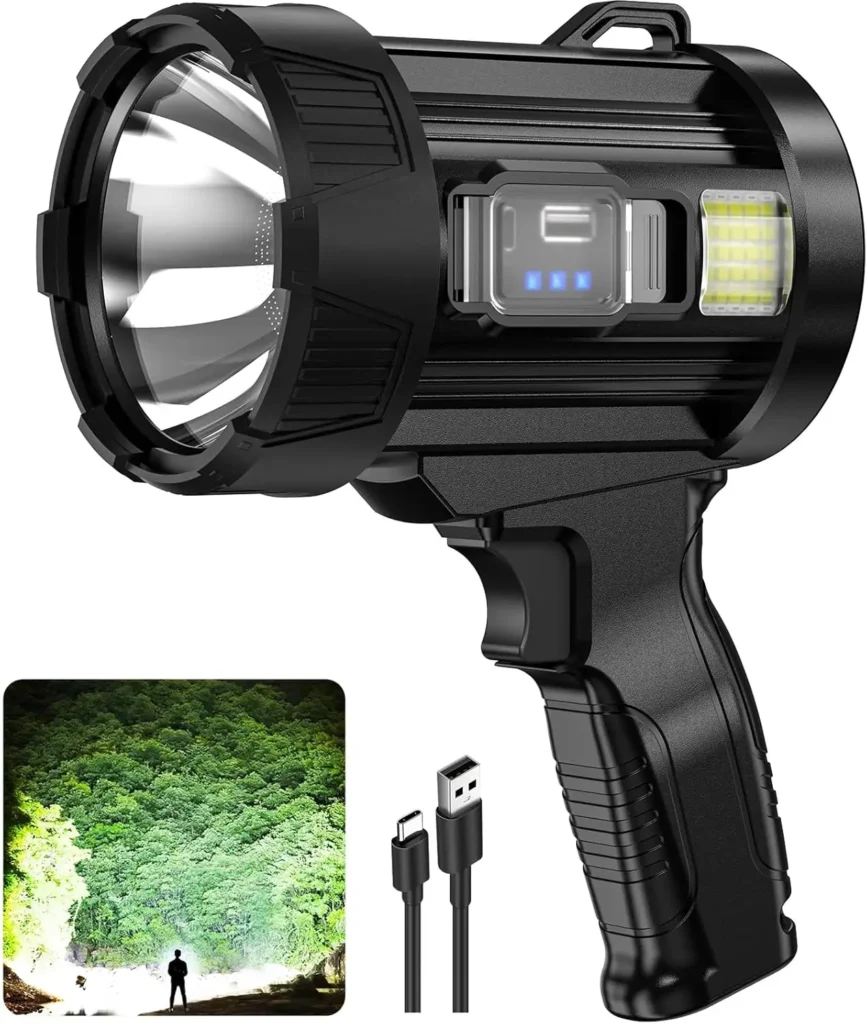 Linterna LED de mano recargable de 99.000 lúmenes con panel solar para acampar y viajar