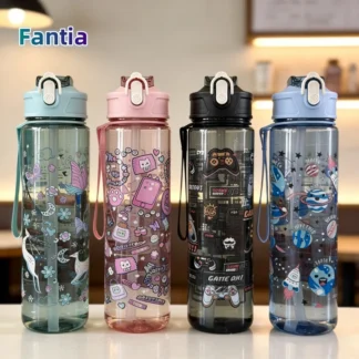 Conveniente botella de agua de 750ml, taza con pajita portátil con estampado de dibujos animados, taza deportiva de gran capacidad a prueba de fugas, deportes de gimnasio para viajes al aire libre
