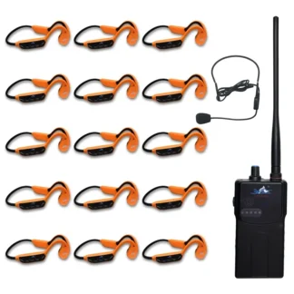 Venta caliente Swimtalk H913B sistema de entrenamiento de natación de conducción 1 transmisor FM 15 auriculares impermeables para acuáticas en tiempo Real