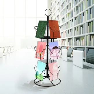 Portatarjetas de felicitación giratorio de tres capas de acero laminado en frío negro, soporte de exhibición de 12 bits, soporte de exhibición de tarjetas giratorio de 360 grados