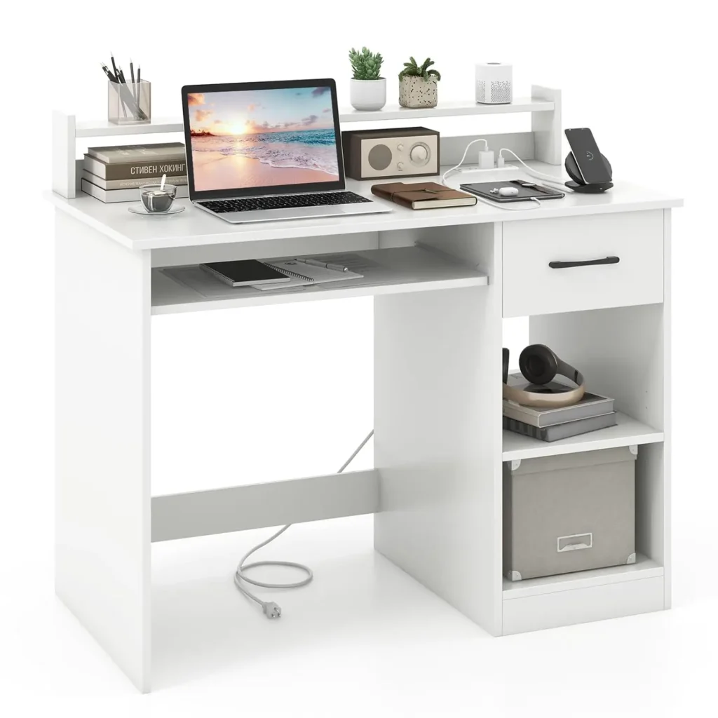Escritorio para computadora blanco con estación de carga, puerto tipo C, escritorio moderno con cajón, estante extraíble y ajustable, teclado