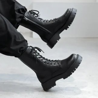 Botas de moto a la moda para hombre, vestido de fiesta para discoteca, zapatos negros de cuero genuino, botas altas de vaquero, botas largas y bonitas