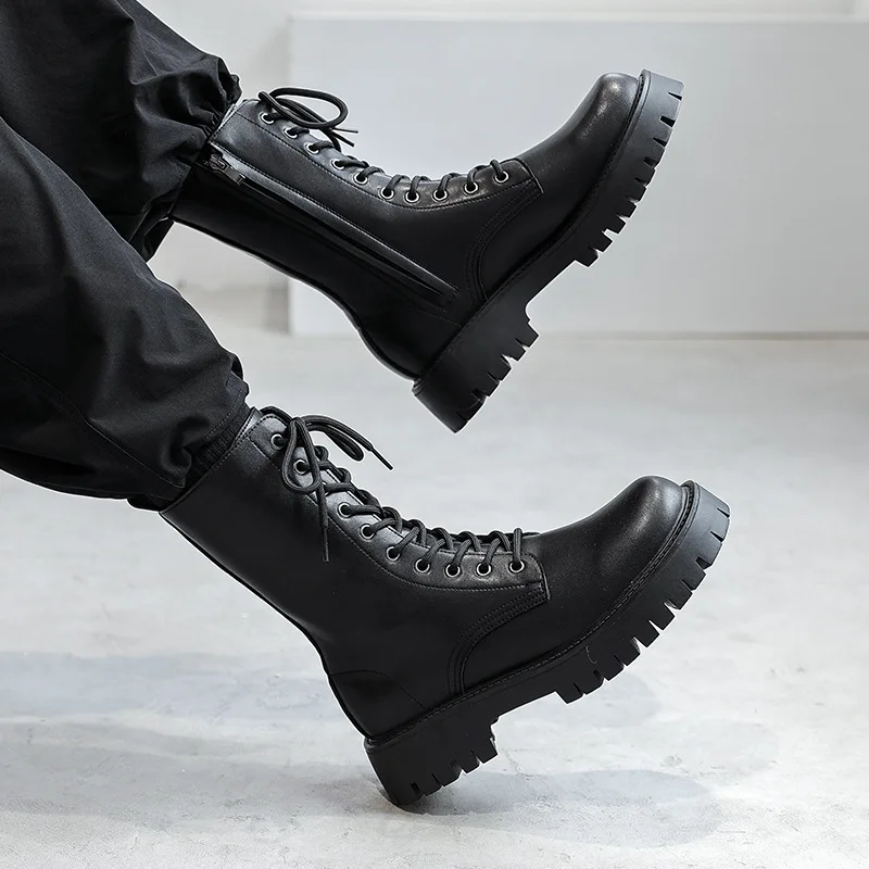 Botas de moto a la moda para hombre, vestido de fiesta para discoteca, zapatos negros de cuero genuino, botas altas de vaquero, botas largas y bonitas