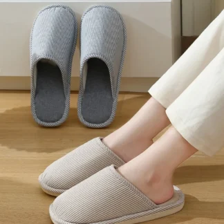 Zapatillas cálidas de algodón de felpa para el hogar, zapatos planos de lino antideslizantes para interiores, chanclas de casa para parejas de primavera y otoño