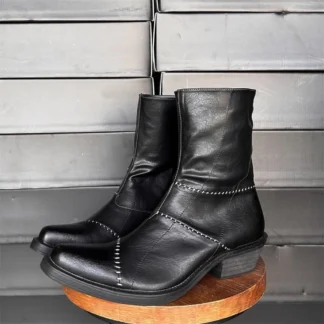 Botas de mago con punta puntiaguda para hombre, hechas a mano, cosidas a mano, tacón grueso, cremallera lateral, cuero negro, nueva bota corta Vintage para invierno