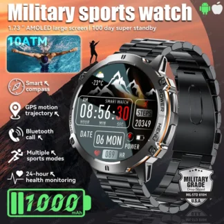 Reloj inteligente militar con pantalla AMOLED de 1,73 pulgadas, batería de 1000Mah, brújula resistente al agua 10ATM, altímetro, deportes de salud, reloj inteligente Trackr para hombres