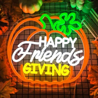 Happy Friendsgiving Pumpkin Neon Sign Dimmable Light Up Sign Wall Art Decor for Thanksgiving Party FriendsGiving Door Window Hom