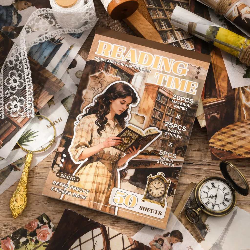 50 hojas/libro de pegatinas de Material Retro, pegatina con patrón de personajes, Material de cuenta de mano para decoración de marco de fotos de oficina, regalo