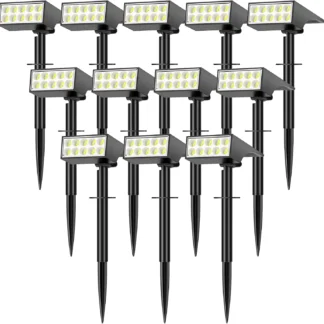 Focos solares para exteriores, impermeables, paquete de 12 con 4 modos, luz de inundación LED de encendido/apagado automático para jardín, camino, pared, árbol