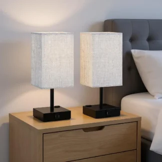 Juego de 2 Lámparas de Mesa - Lámpara de Noche Táctil con Puertos de Carga USB C+A y Tomas de Corriente, Lámpara de Escritorio con 3 Niveles de Intensidad y Pantalla de Tela Gris