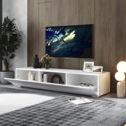 Soporte de TV moderno para centro de entretenimiento para TV de 50 a 59 pulgadas, soporte de TV rectangular minimalista, consola de TV elegante con 3 grandes almacenamiento C
