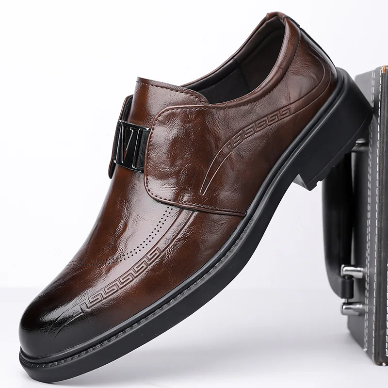 Zapatos de cuero para hombre, zapatos casuales de negocios modernos y versátiles, zapatos de boda transpirables con punta puntiaguda, zapatos de vestir