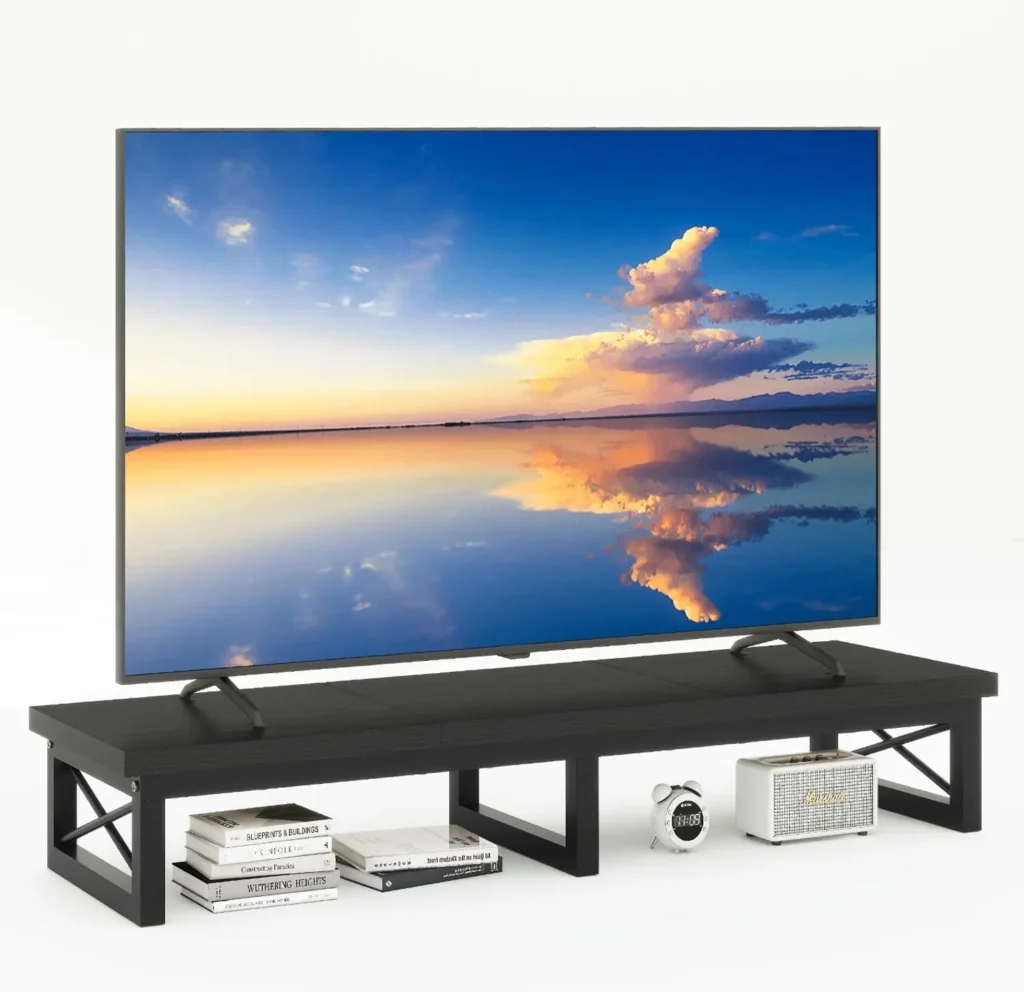 Elevador de TV grande de 45' para TV de 32-60 pulgadas, soporte de TV corto de mesa con patas de almacenamiento y acero, escritorio de oficina de doble pantalla, elevador de soporte