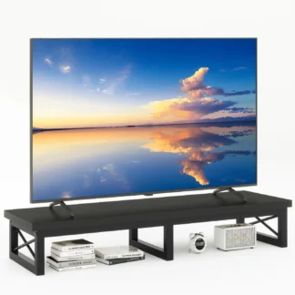 Elevador de TV grande de 45' para TV de 32-60 pulgadas, soporte de TV corto de mesa con patas de almacenamiento y acero, escritorio de oficina de doble pantalla, elevador de soporte