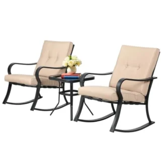 SUNCROWN Juego de 3 Sillas Mecedoras para Exteriores, Muebles de Acero Negro con Cojín Grueso y Mesa de Centro con Tapa de Cristal