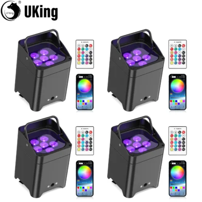 U'King 4 Uds. Luz Par de batería inalámbrica negra 18W RGBWA + UV 6 en 1 cuentas LED aplicación y Control remoto luz de escenario para barra de fiesta de boda