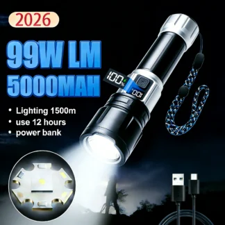 Linterna LED Recargable de 990000LM Súper Brillante con Pantalla LCD, Resistente al Agua IPX7, 6 Modos para Camping y Emergencias