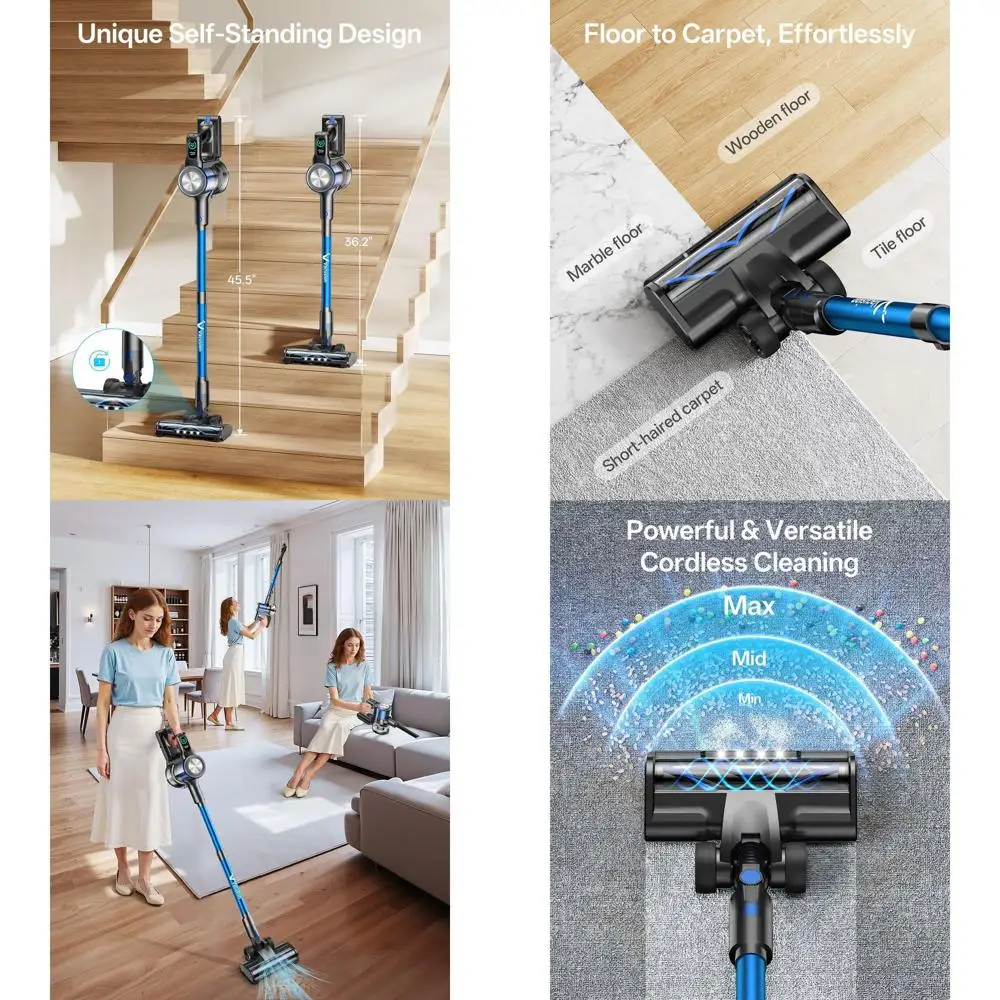 Aspiradora Inalámbrica Multifuncional: 3 Modos, 45 Minutos de Autonomía, Autoportante, Ideal para el Hogar, Mascotas y Automóviles