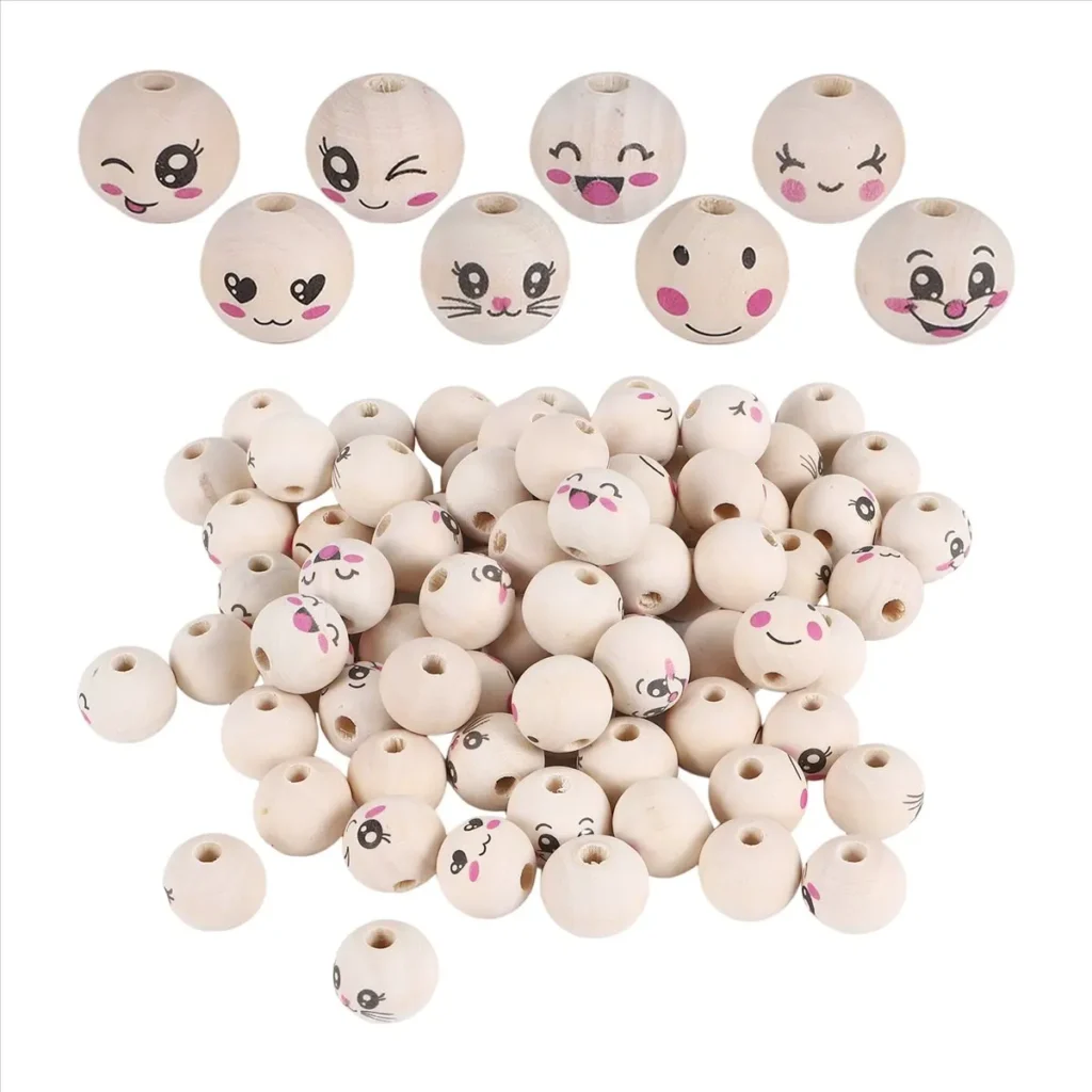 A97G 8 estilos de cuentas de madera con cara 20 mm Cara sonriente Cuentas de madera Cuentas de madera natural redondas con agujero Paquete de 80