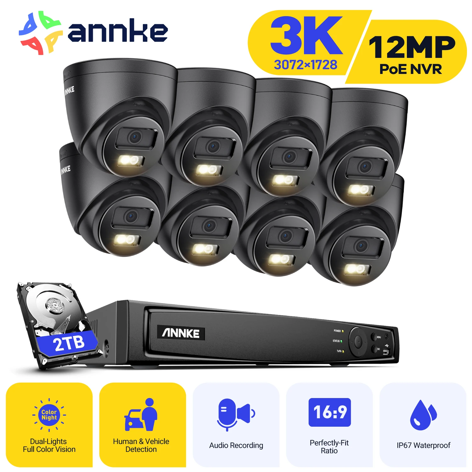 ANNKE 8CH Ultra HD POE cámaras de seguridad CCTV Kit 8MP grabadora NVR con sistema de videovigilancia 3K micrófono incorporado cámara Ip IK08