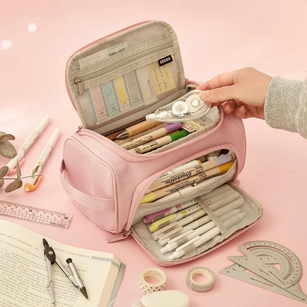 Angoo-estuche para bolígrafos abierto de doble cara, estuche para lápices de gran capacidad, bolsa de almacenamiento manual, organizador de papelería para la escuela y la universidad A7650