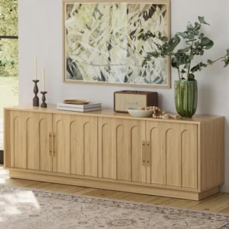 Soporte de TV para TV de 75 pulgadas, soporte de TV moderno de mediados de siglo con diseño arqueado, acabado de grano de madera, consola multimedia Boho con She ajustable