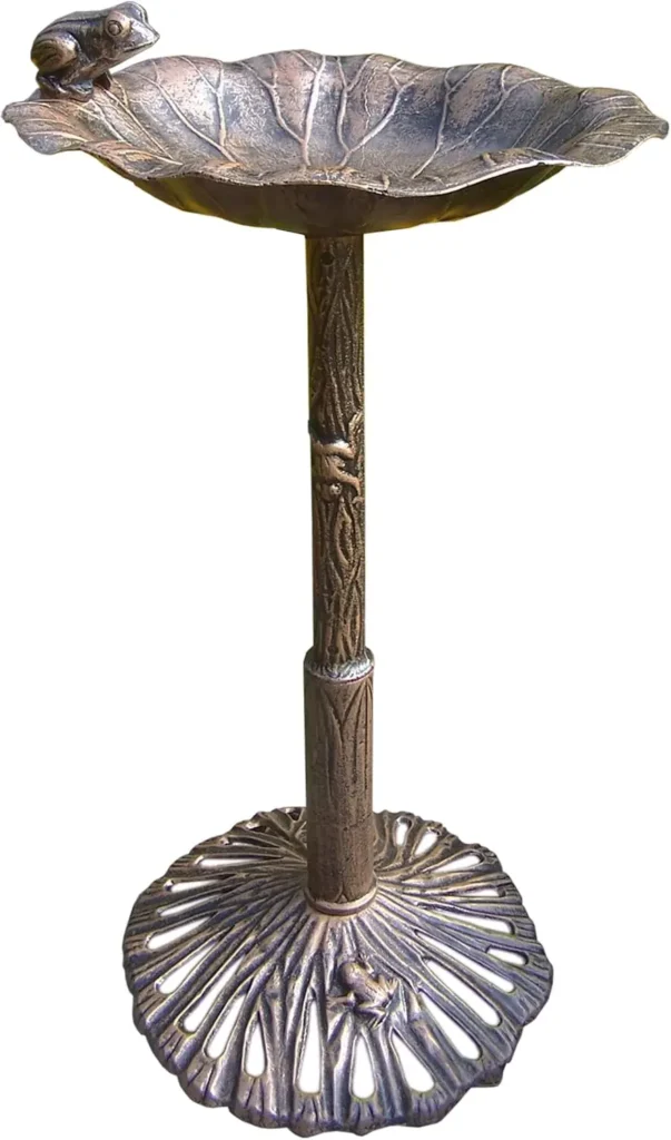 Baño de pájaros de aluminio con diseño de rana de bronce antiguo, decoración duradera para jardín al aire libre