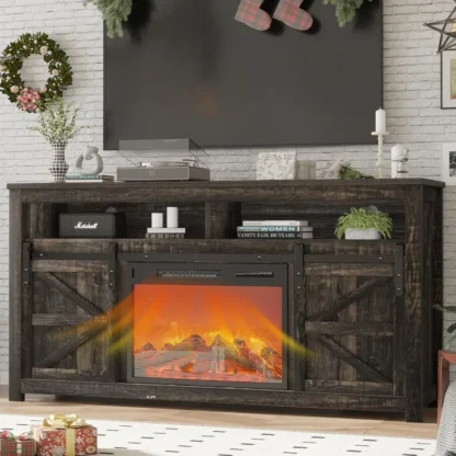 Soporte para TV de granja 58 con chimenea, centro de entretenimiento con puerta corrediza de granero, consola multimedia rústica con 2 estantes de almacenamiento de madera