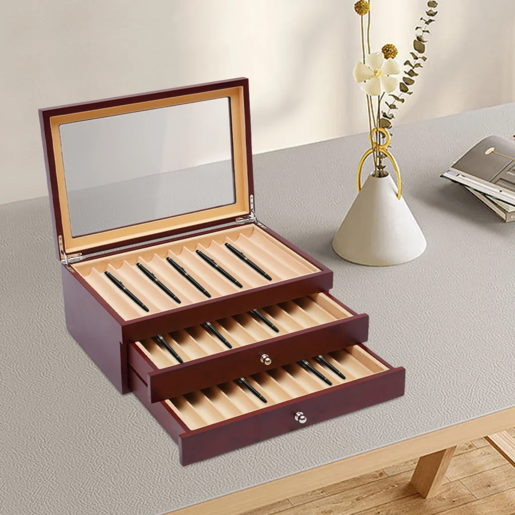 Caja de madera para bolígrafos, organizador de exhibición de almacenamiento con 3 capas y 34 ranuras, soporte de exhibición para pluma estilográfica roja, regalo para el hogar y la Oficina, estuche para coleccionista