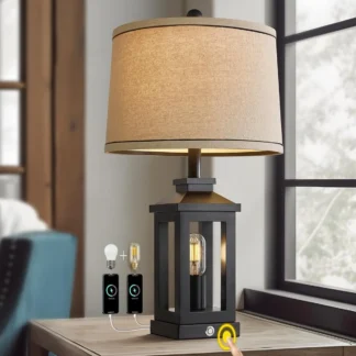 Lámpara de mesa negra de granja vintage de 23,75" con control táctil, puertos USB C+A, luz dual para dormitorio y sala de estar