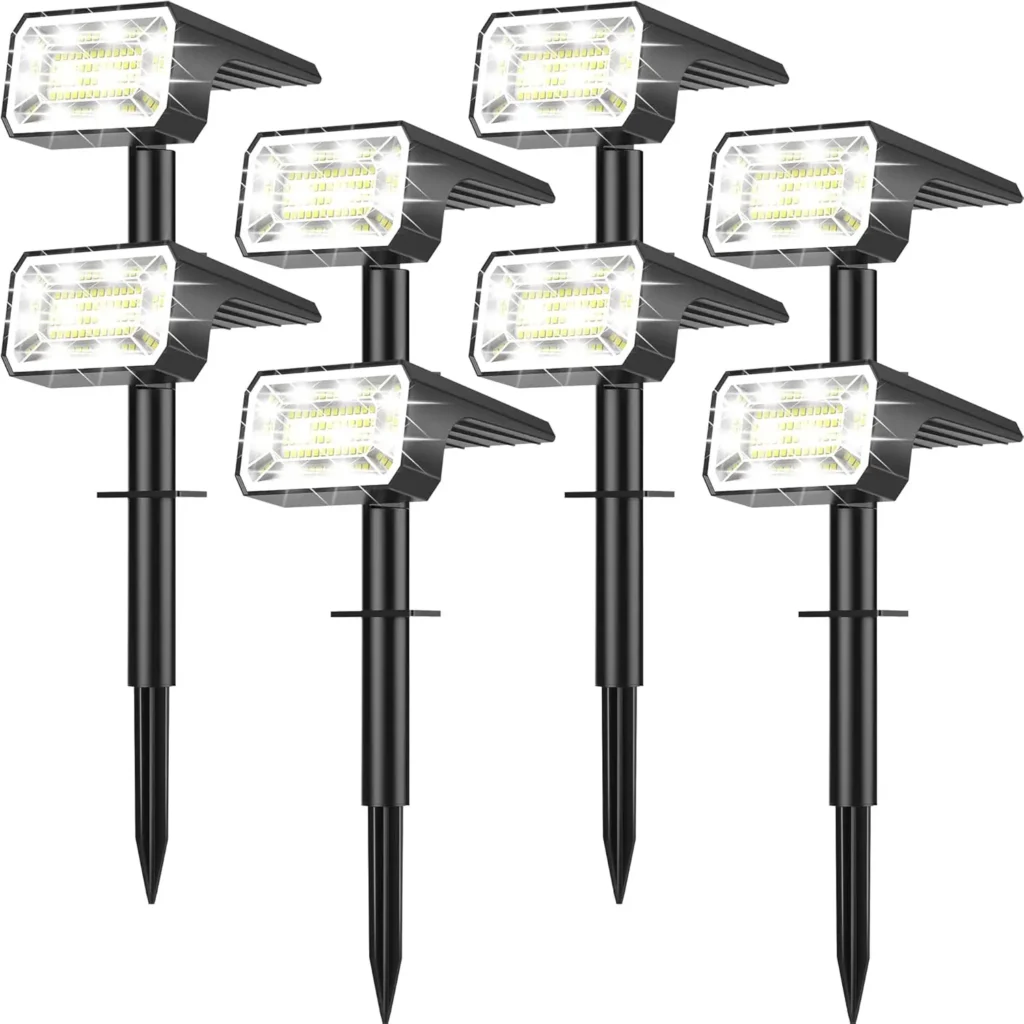 Paquete de 8 focos solares para exteriores, impermeables, IP65, 100 LED, 4 modos de encendido/apagado automático para patio, camino de jardín, blanco frío