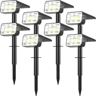 Paquete de 8 focos solares para exteriores, impermeables, IP65, 100 LED, 4 modos de encendido/apagado automático para patio, camino de jardín, blanco frío