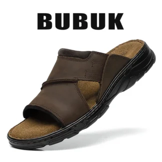 Bubuk Zapatillas sin cordones de cuero genuino para hombre, sandalias de playa de piel de vaca de primera capa, zapatos casuales para hombre, corrección de soporte para el arco, adecuadas para uso interior y exterior