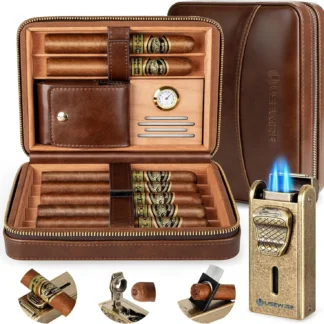 Estuche de Madera de Cedro para Cigarros con Encendedor, Humidificador y Bandeja para 7 Cigarros - Estuche de Viaje Portátil, Regalo para Hombre