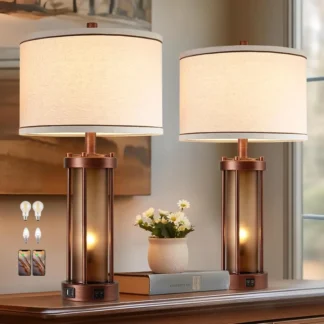 Juego de 2 lámparas de mesa de granja para sala de estar, lámparas de noche rústicas con 2 puertos de carga USB, lámpara de mesita de noche para dormitorio con Ambe