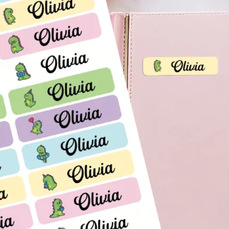 Etiquetas de dinosaurio con nombre personalizado a prueba de agua para niños, etiquetas adhesivas personalizadas para botellas de agua, mochila, suministros escolares, camiones