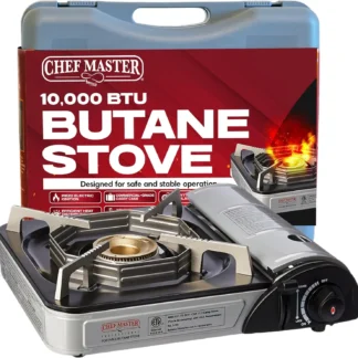 Estufa de butano portátil de 10.000 BTU con encendido piezoeléctrico y características de seguridad: compacta para acampar y emergencias