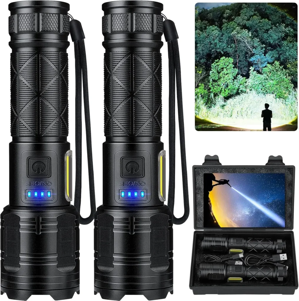 Linterna LED recargable 99.000 lúmenes superbrillante con 7 modos luz de mano USB impermeable para acampar en casa (paquete de 2)